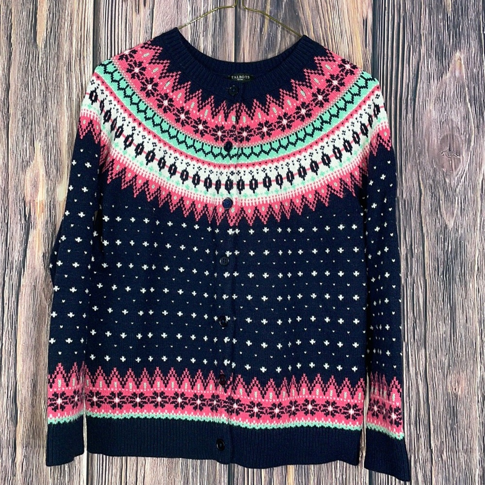 Fair Isle Navy Cardigan Sweater with Pink and Mint Accents